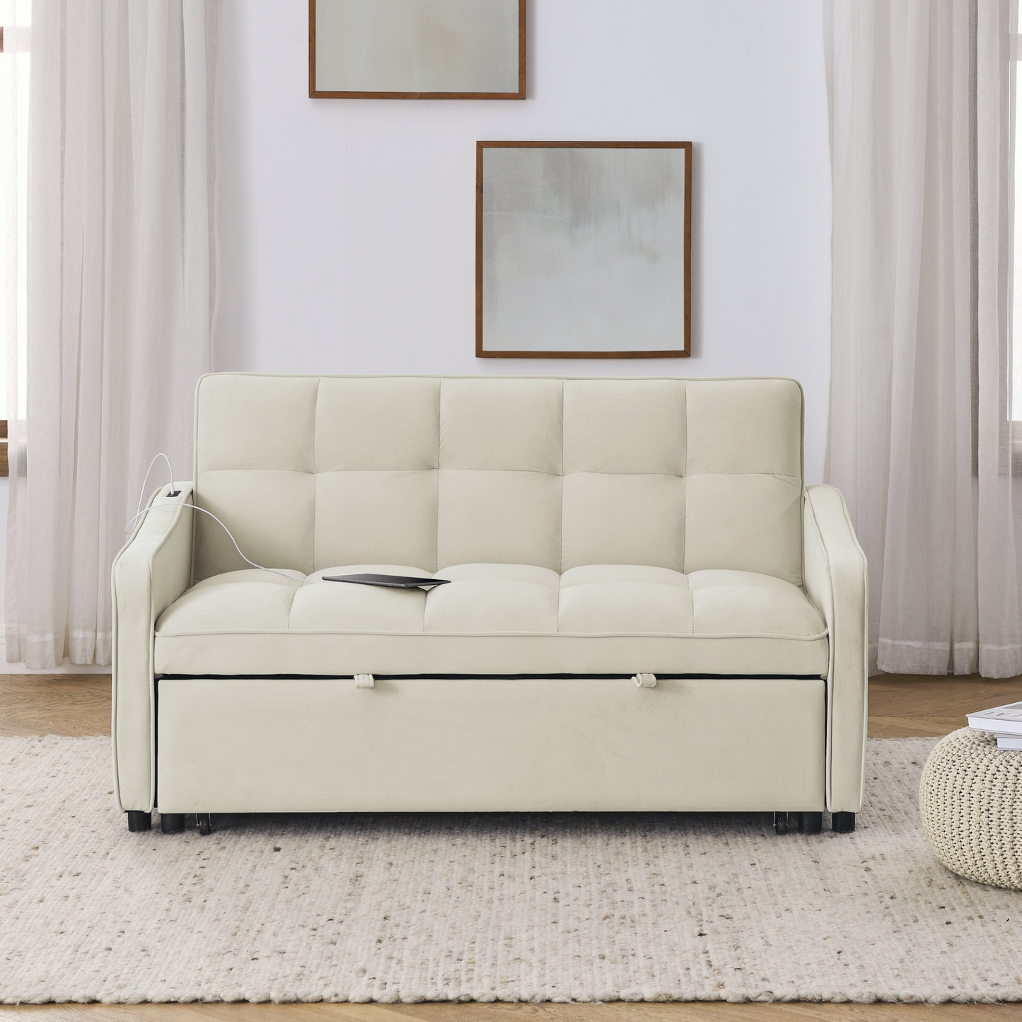 Stylish and Versatile Loveseats Sofa Bed with Pull-out Bed, Adjustable Back and Arm Pocket in Beige