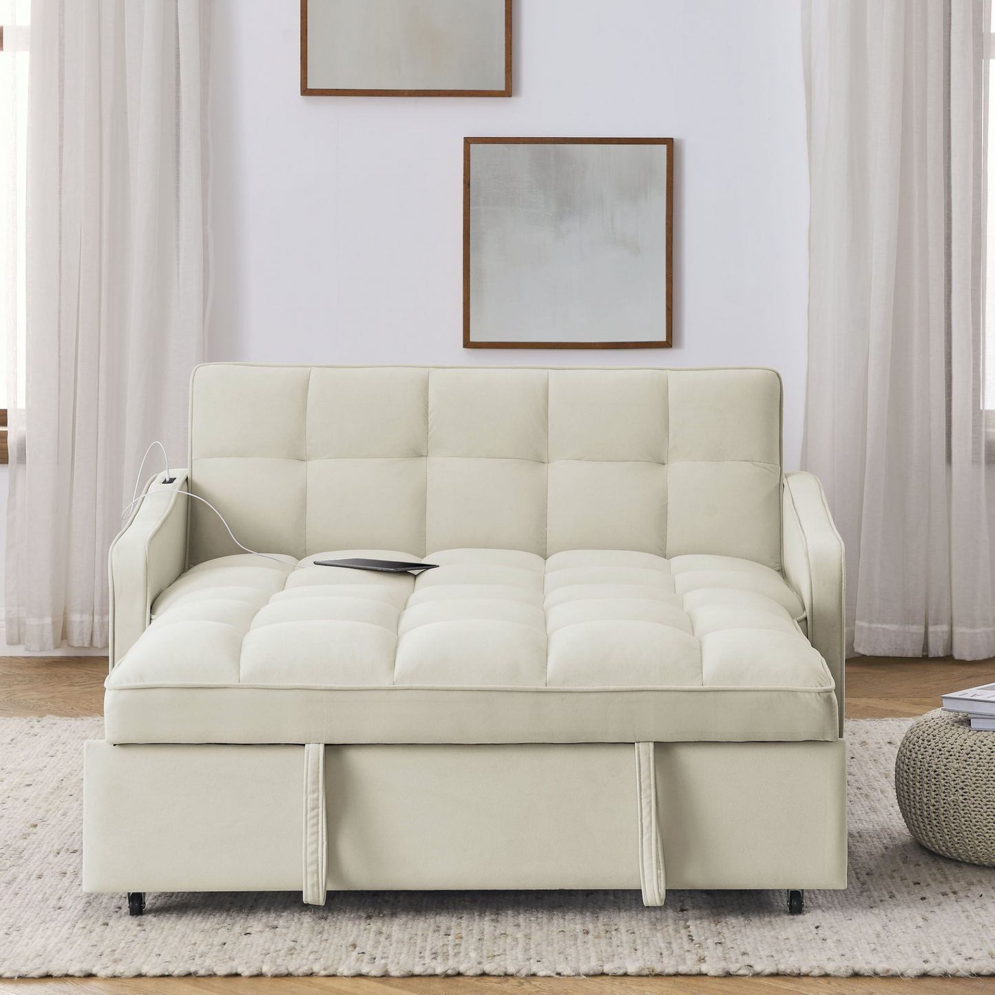 Stylish and Versatile Loveseats Sofa Bed with Pull-out Bed, Adjustable Back and Arm Pocket in Beige