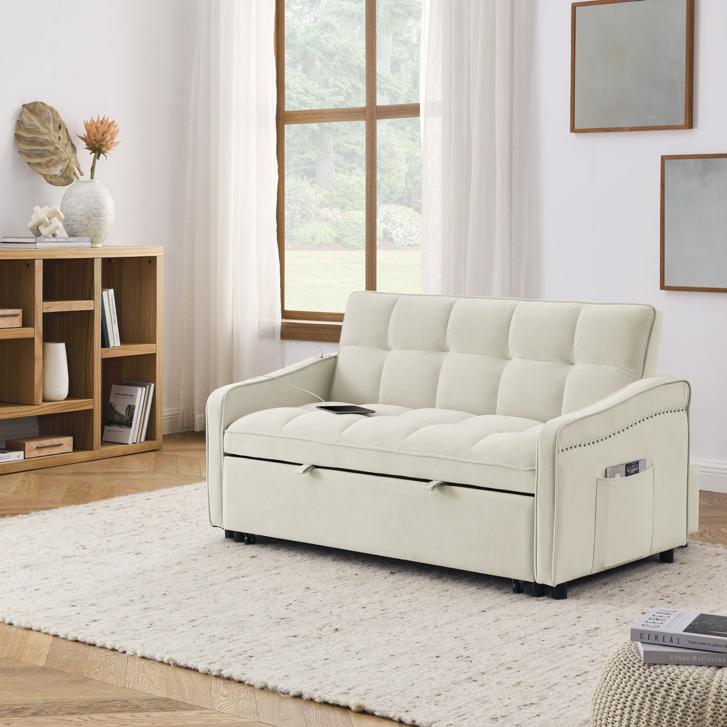 Stylish and Versatile Loveseats Sofa Bed with Pull-out Bed, Adjustable Back and Arm Pocket in Beige