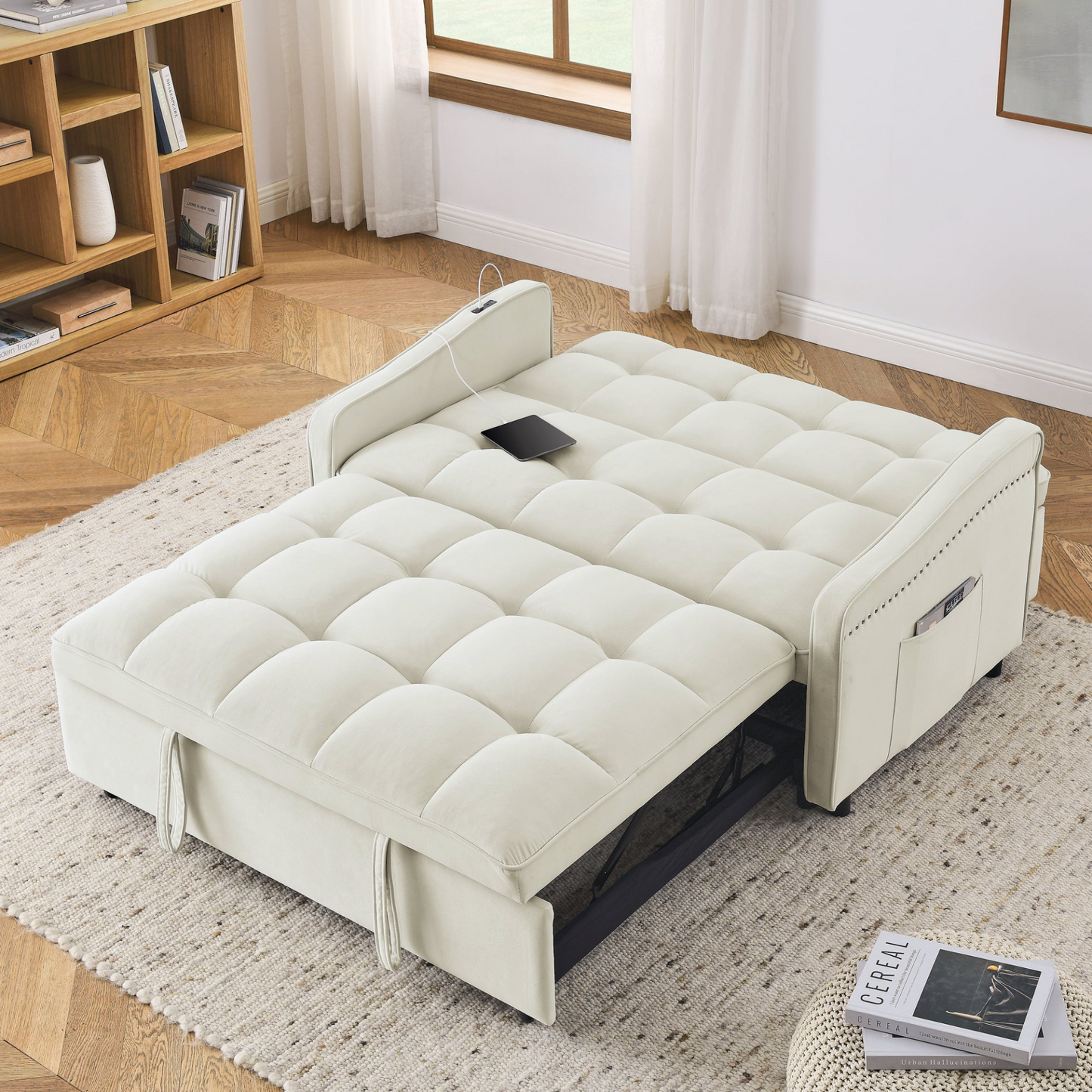 Stylish and Versatile Loveseats Sofa Bed with Pull-out Bed, Adjustable Back and Arm Pocket in Beige