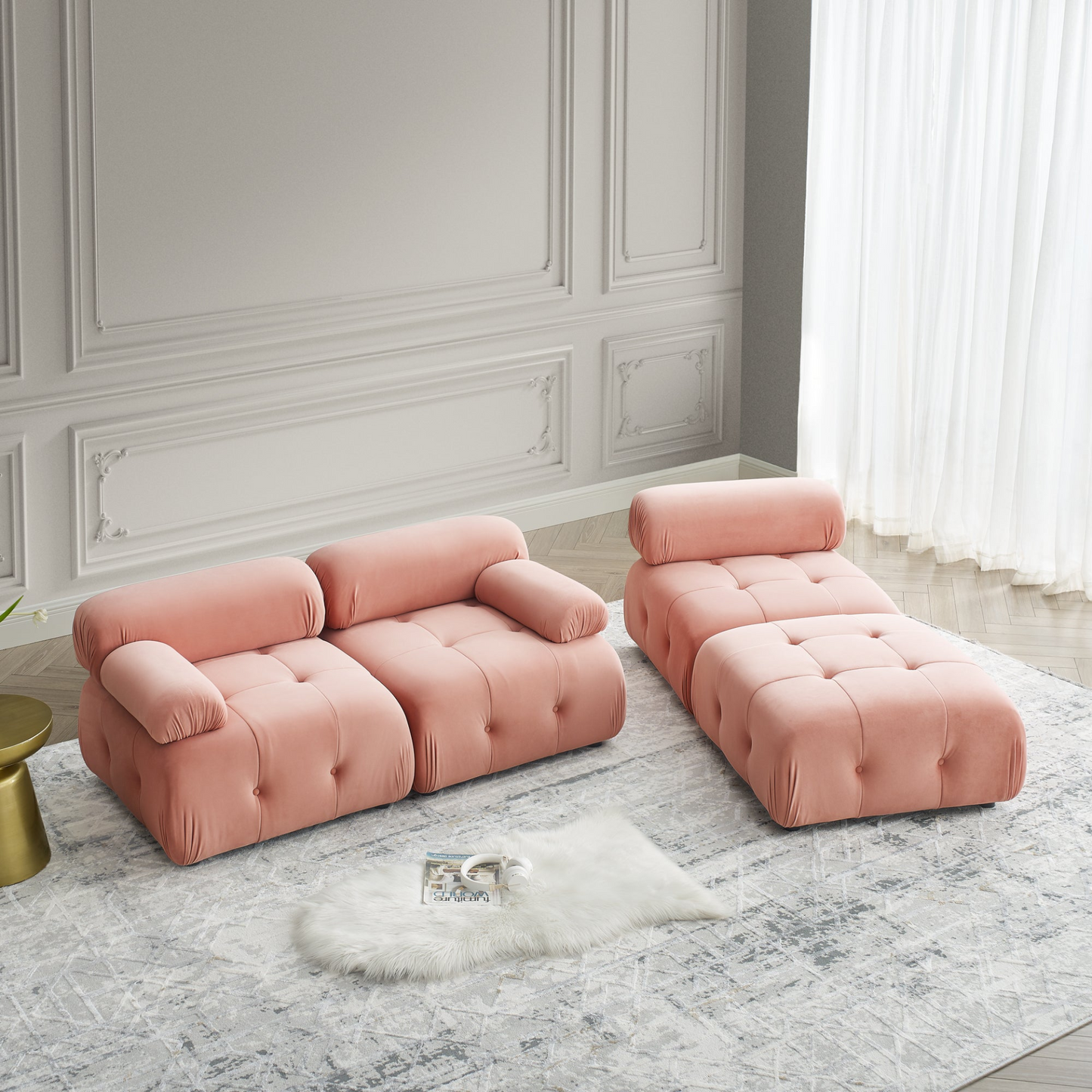 Modular Sectional Sofa, Button Tufted Designed and DIY Combination, L Shaped Couch with Reversible Ottoman, Pink Velvet