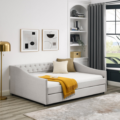 Full Size Daybed with Twin Size Trundle Upholstered Tufted Sofa Bed - Beige