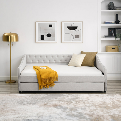 Full Size Daybed with Twin Size Trundle Upholstered Tufted Sofa Bed - Beige