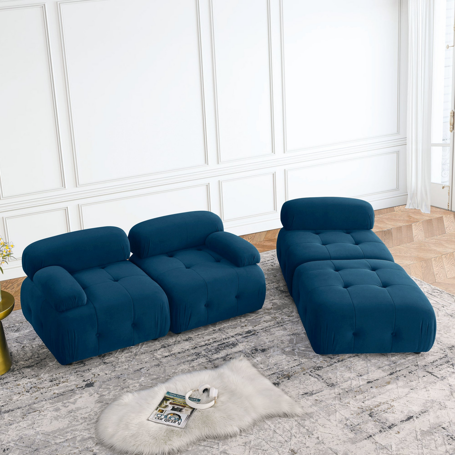 Modular Sectional Sofa, Button Tufted, DIY Combination, L Shaped Couch with Reversible Ottoman - Navy Velvet