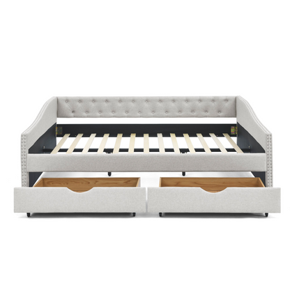 Queen Size Daybed with Drawers Upholstered Tufted Sofa Bed, Beige - Stylish and Functional