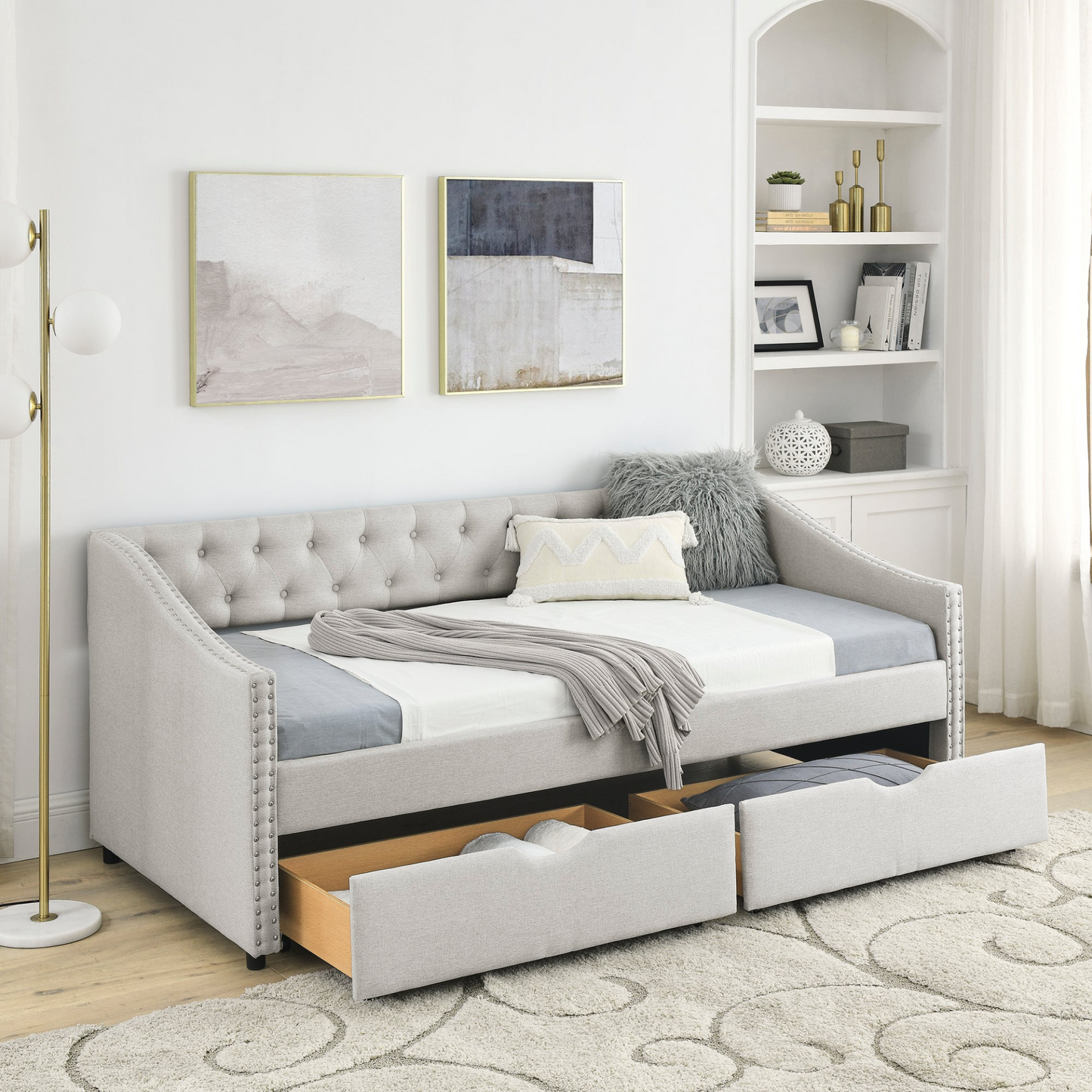 Twin Size Daybed with Drawers Upholstered Tufted Sofa Bed, Beige