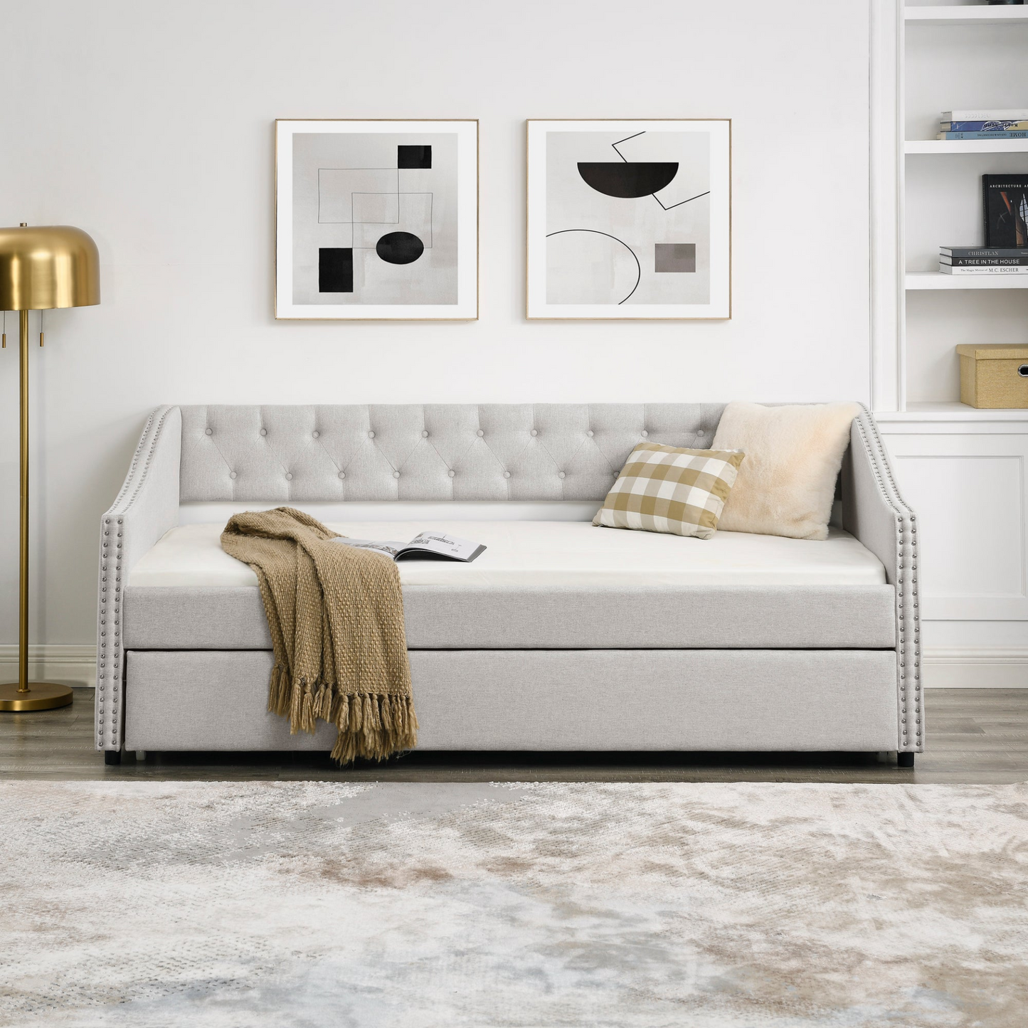 Twin Size Daybed with Twin Size Trundle Upholstered Tufted Sofa Bed, Beige (80.5"x41"x30.5")