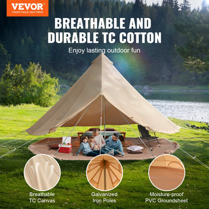 VEVOR 5-8 Person Canvas Glamping Bell Tent, Breathable Waterproof Yurt Tent with Stove Jack and Detachable Side Wall for Family Camping,13'x 13'x98"(Diameter 4M)