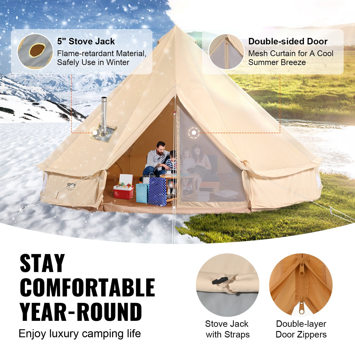 VEVOR 5-8 Person Canvas Glamping Bell Tent, Breathable Waterproof Yurt Tent with Stove Jack and Detachable Side Wall for Family Camping,13'x 13'x98"(Diameter 4M)