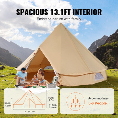 VEVOR 5-8 Person Canvas Glamping Bell Tent, Breathable Waterproof Yurt Tent with Stove Jack and Detachable Side Wall for Family Camping,13'x 13'x98"(Diameter 4M)