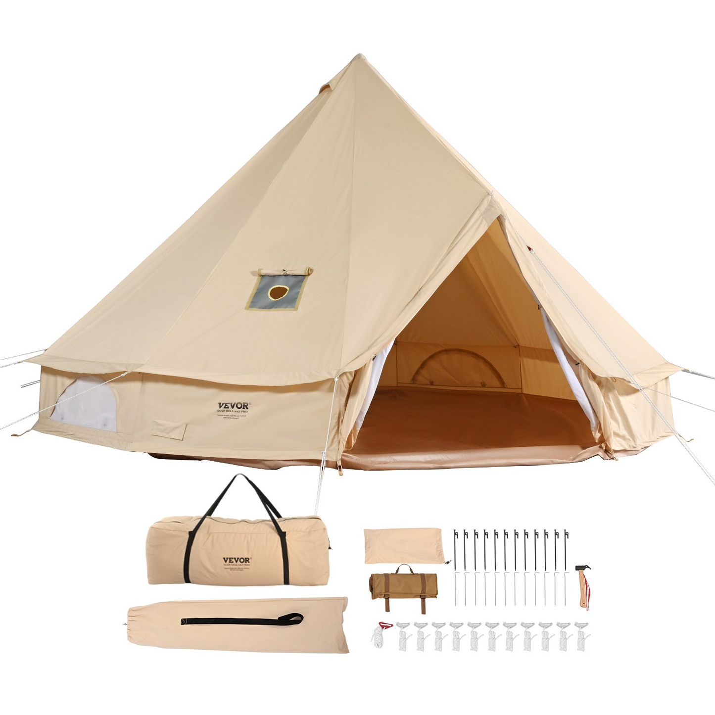 VEVOR 5-8 Person Canvas Glamping Bell Tent, Breathable Waterproof Yurt Tent with Stove Jack and Detachable Side Wall for Family Camping,13'x 13'x98"(Diameter 4M)