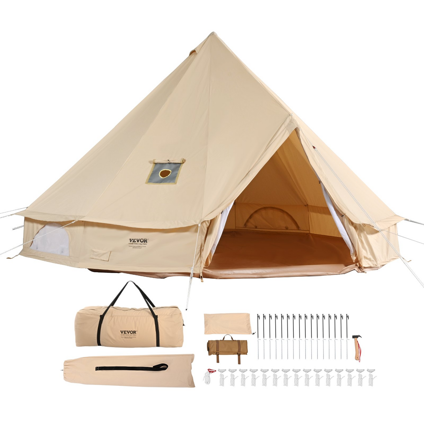 VEVOR 12 Person Canvas Glamping Bell Tent, Breathable Waterproof Large Yurt Tent with Stove Jack and Detachable Side Wall for Family Camping, 23'x23'x137"(Diameter 7M)