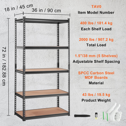 VEVOR Storage Shelving Unit, 5-Tier Adjustable, 2000 lbs Capacity, Heavy Duty Garage Shelves Metal Organizer Utility Rack, Black, 36" L x 18" W x 72" H for Kitchen Pantry Basement Bathroom Laundry