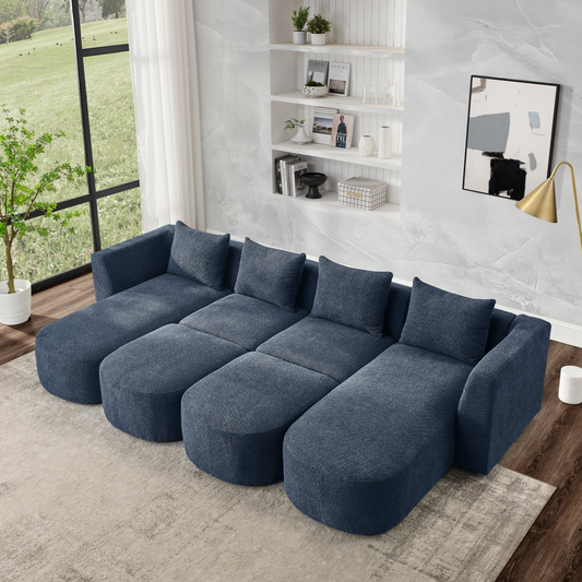 U Shape Sectional Sofa - Two Single Seat, Two Chaises, Two Ottomans - Modular Sofa, DIY Combination - Loop Yarn Fabric in Navy