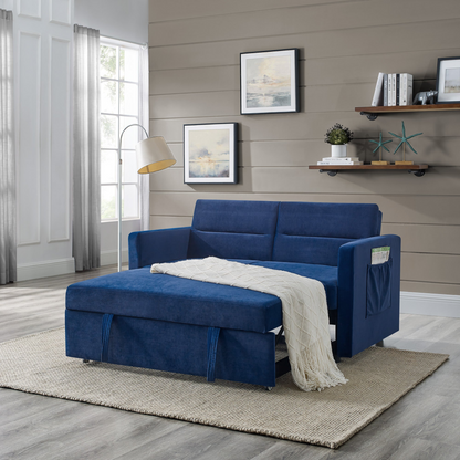 Loveseats Sofa Bed with Pull-out Bed, Adjustable Back and Two Arm Pocket, Blue - Buy Now