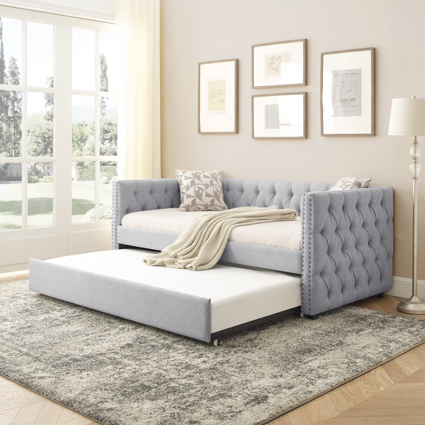 Daybed with Trundle Upholstered Tufted Sofa Bed, Twin Size - Grey | Elegant and Functional Design