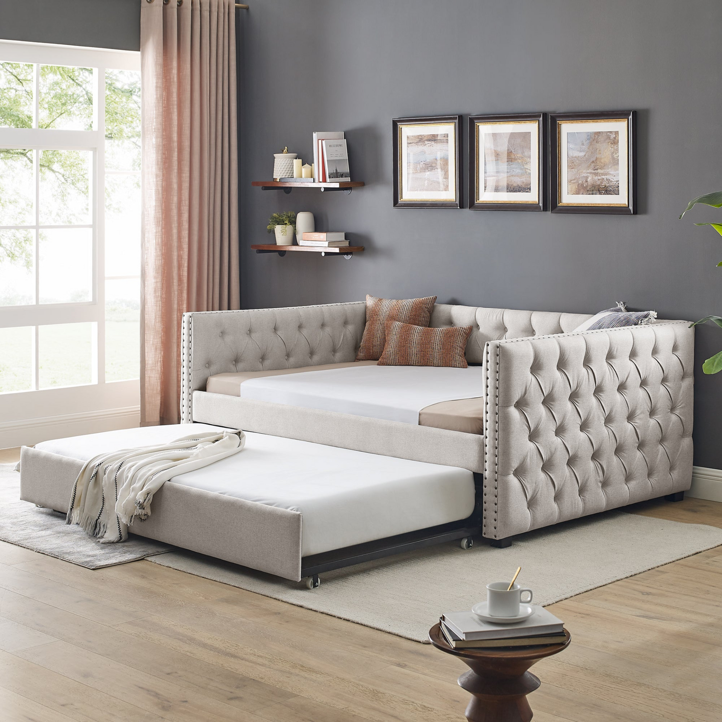 Daybed with Trundle Upholstered Tufted Sofa Bed - Beige | Mid-Century-Inspired Design, Optimal Comfort, Linen Upholstery