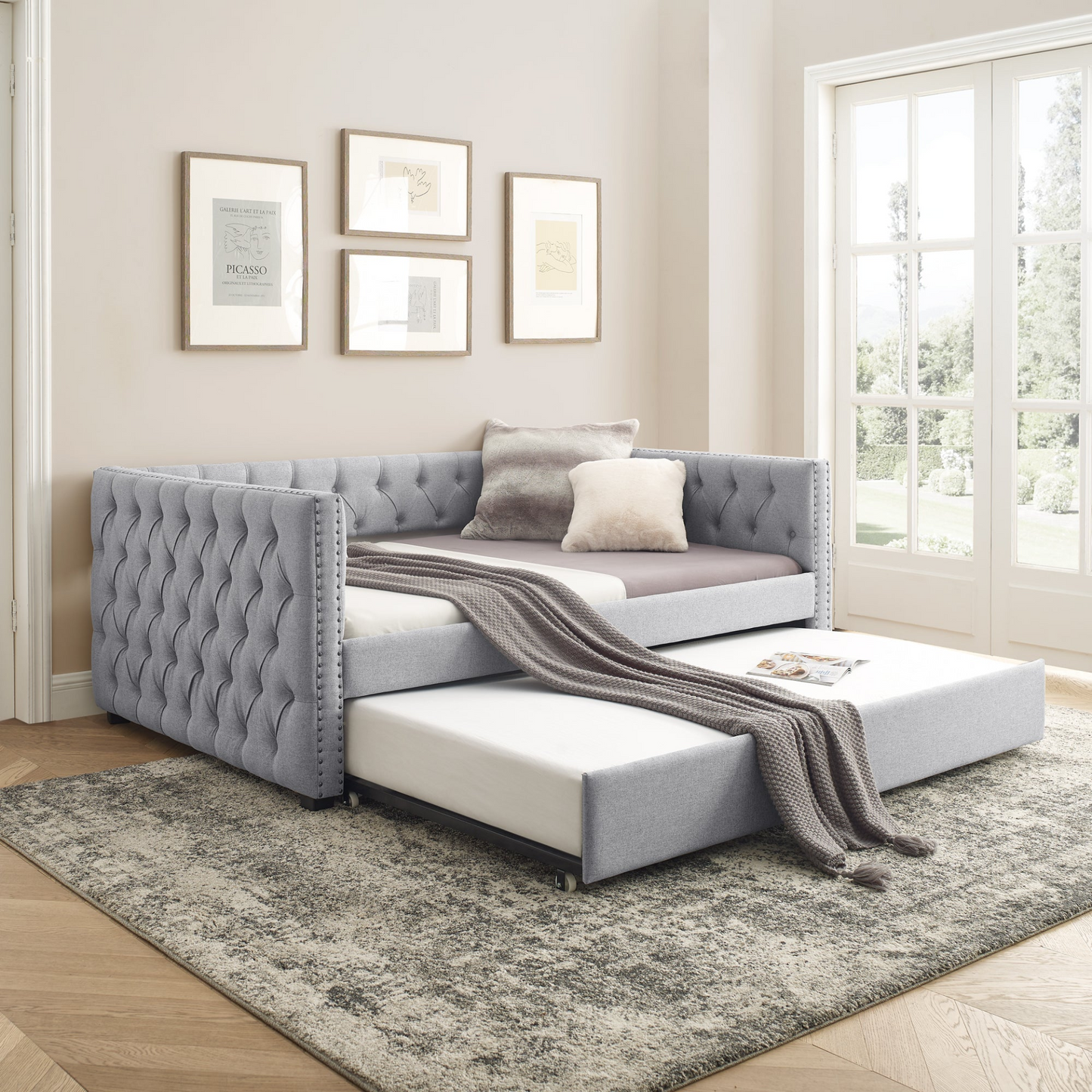 Daybed with Trundle Upholstered Tufted Sofa Bed, Grey