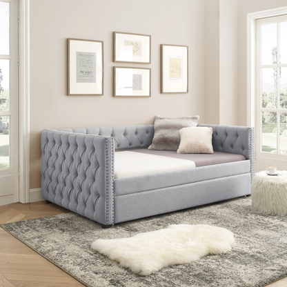 Daybed with Trundle Upholstered Tufted Sofa Bed, Grey