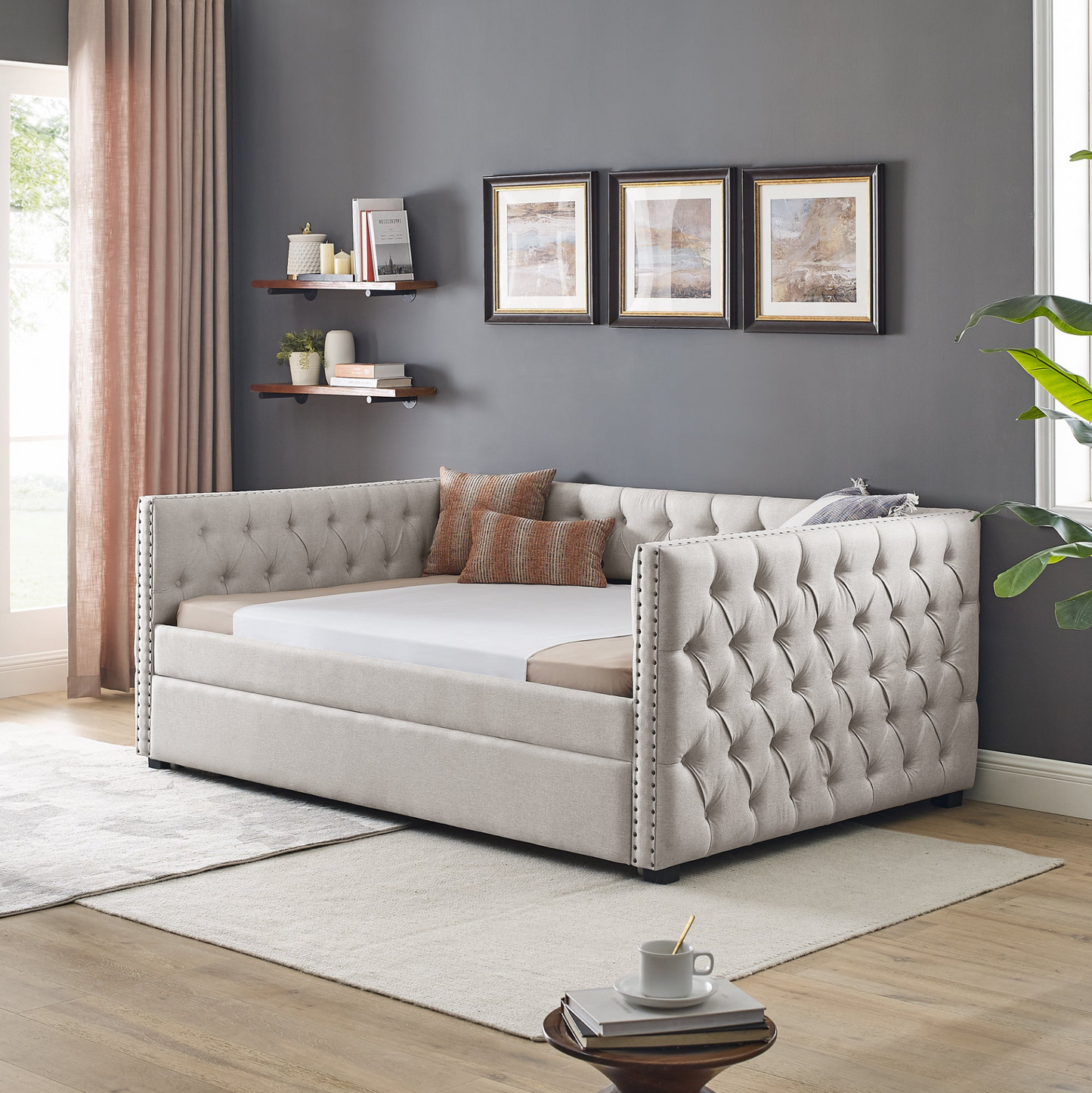 Daybed with Trundle Upholstered Tufted Sofa Bed - Beige | Mid-Century-Inspired Design, Optimal Comfort, Linen Upholstery