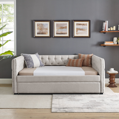 Daybed with Trundle Upholstered Tufted Sofa Bed - Beige | Mid-Century-Inspired Design, Optimal Comfort, Linen Upholstery