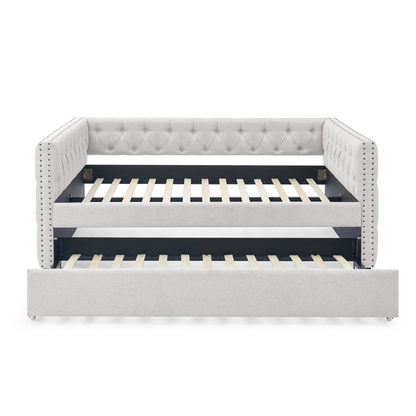 Daybed with Trundle Upholstered Tufted Sofa Bed - Beige | Mid-Century-Inspired Design, Optimal Comfort, Linen Upholstery