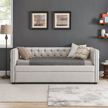 Daybed with Trundle Upholstered Tufted Sofa Bed - Twin Size Beige