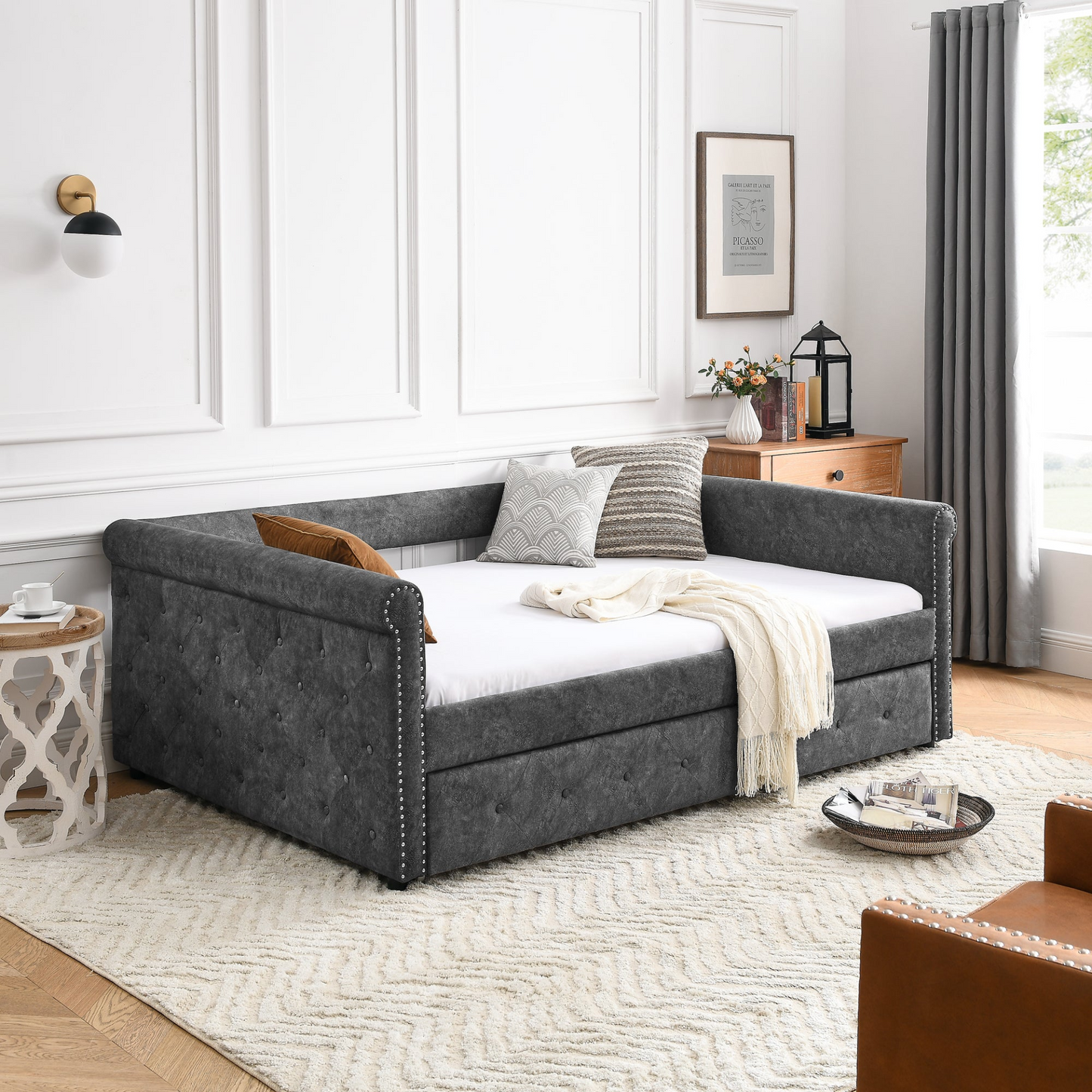 Daybed with Trundle Upholstered Tufted Sofa Bed, Grey (85.5"x57"x30.5") - Stylish and Functional | Your Home Deserves It!