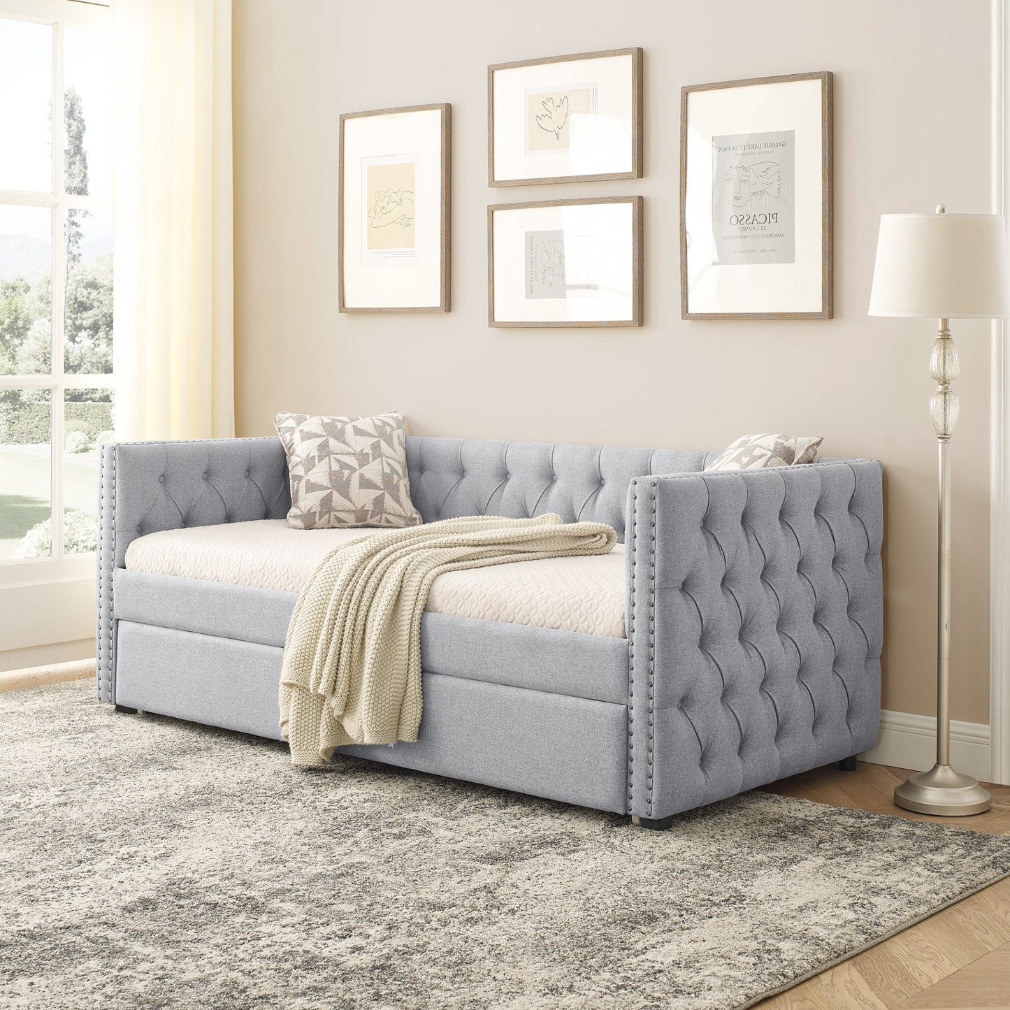 Daybed with Trundle Upholstered Tufted Sofa Bed, Twin Size - Grey | Elegant and Functional Design