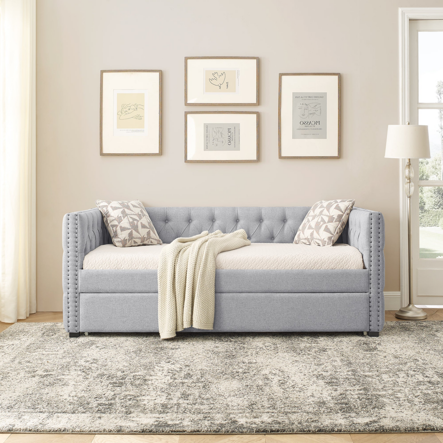 Daybed with Trundle Upholstered Tufted Sofa Bed, Twin Size - Grey | Elegant and Functional Design