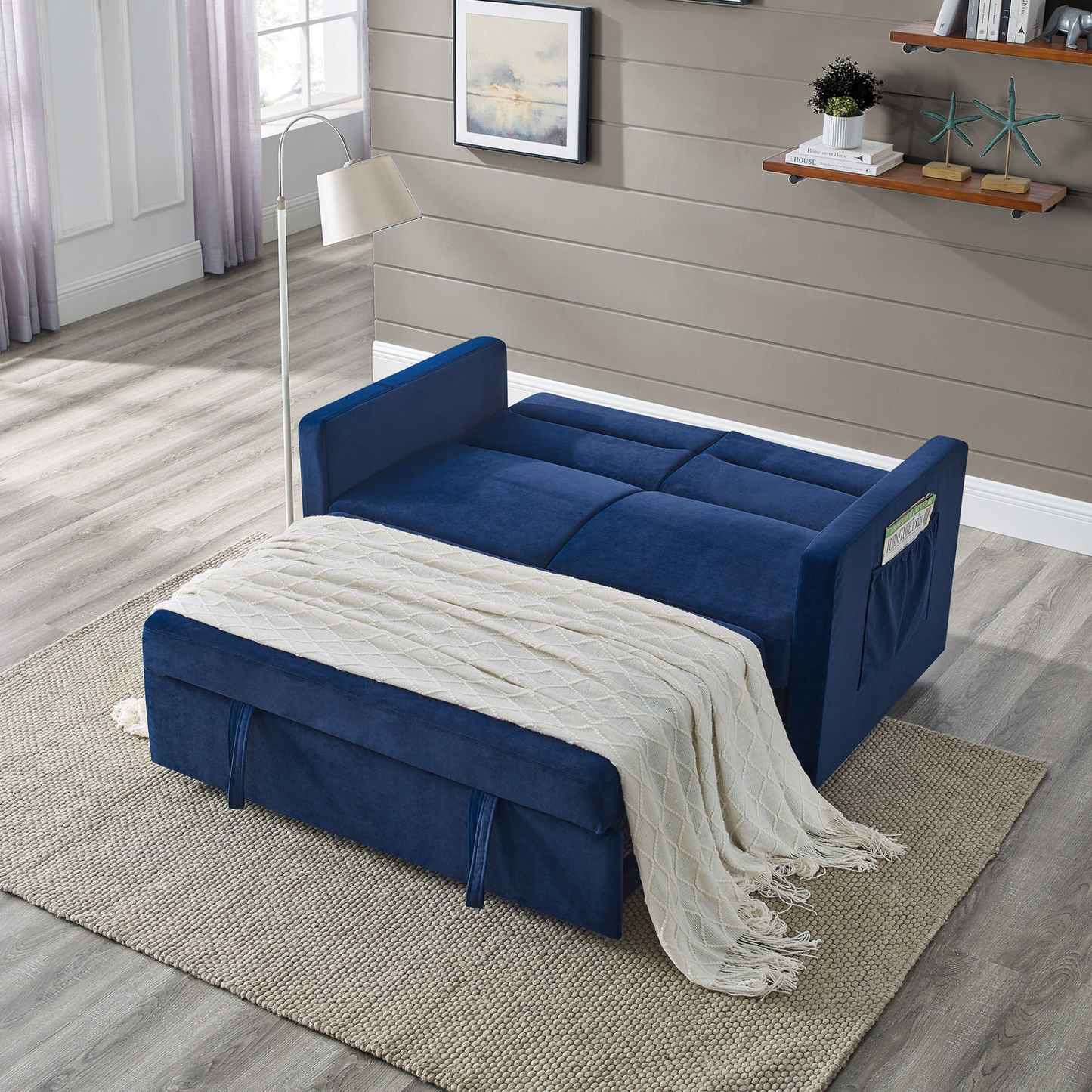 Loveseats Sofa Bed with Pull-out Bed, Adjustable Back and Two Arm Pocket, Blue - Buy Now