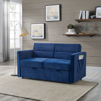 Loveseats Sofa Bed with Pull-out Bed, Adjustable Back and Two Arm Pocket, Blue - Buy Now