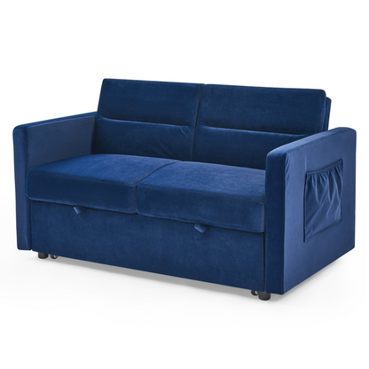 Loveseats Sofa Bed with Pull-out Bed, Adjustable Back and Two Arm Pocket, Blue - Buy Now