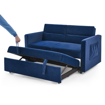 Loveseats Sofa Bed with Pull-out Bed, Adjustable Back and Two Arm Pocket, Blue - Buy Now