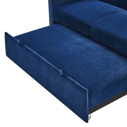 Loveseats Sofa Bed with Pull-out Bed, Adjustable Back and Two Arm Pocket, Blue - Buy Now