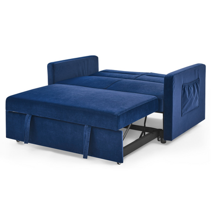 Loveseats Sofa Bed with Pull-out Bed, Adjustable Back and Two Arm Pocket, Blue - Buy Now