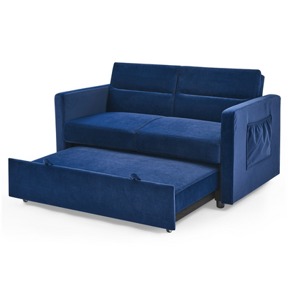 Loveseats Sofa Bed with Pull-out Bed, Adjustable Back and Two Arm Pocket, Blue - Buy Now