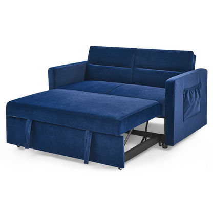 Loveseats Sofa Bed with Pull-out Bed, Adjustable Back and Two Arm Pocket, Blue - Buy Now