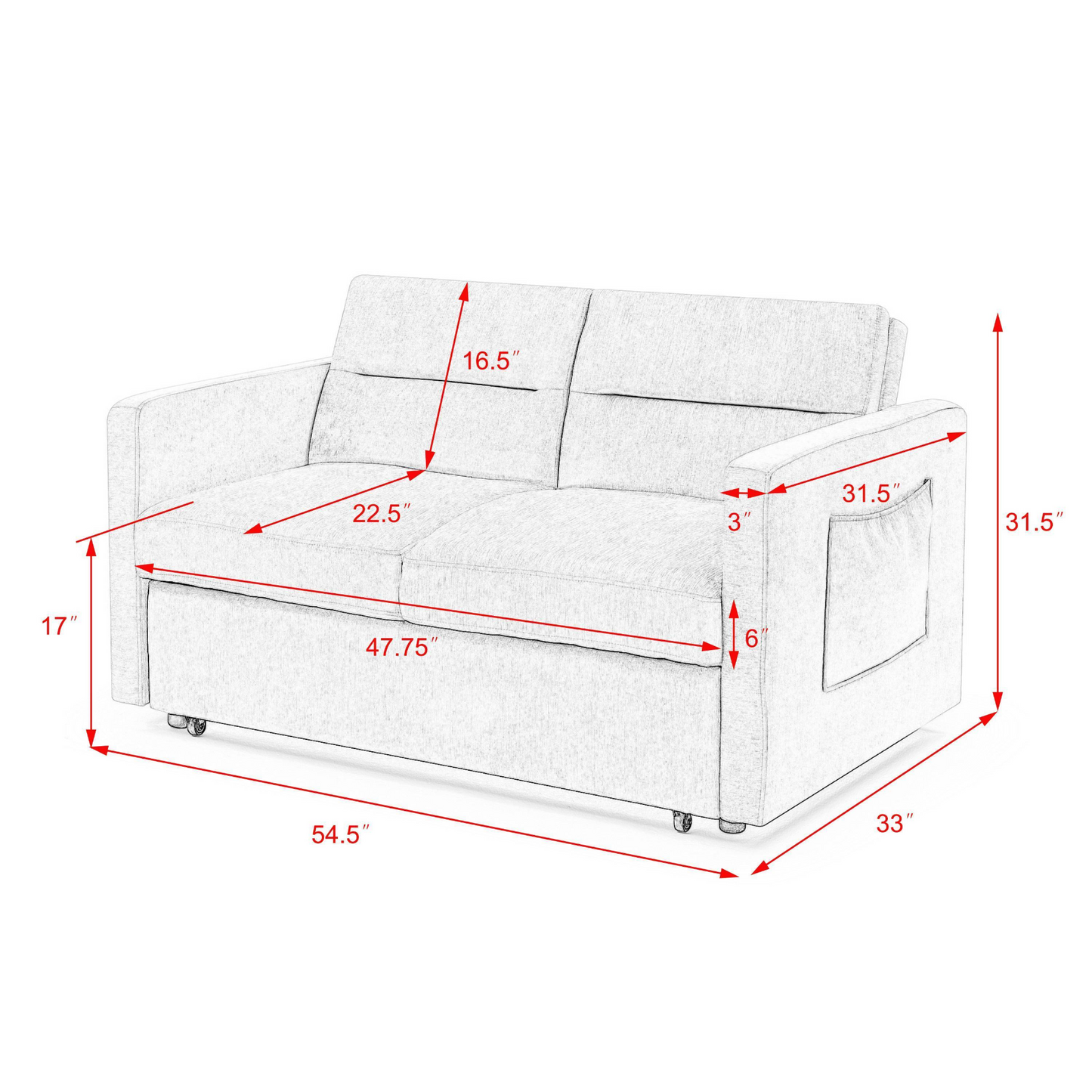 Loveseats Sofa Bed with Pull-out Bed, Adjustable Back and Two Arm Pocket, Blue - Buy Now