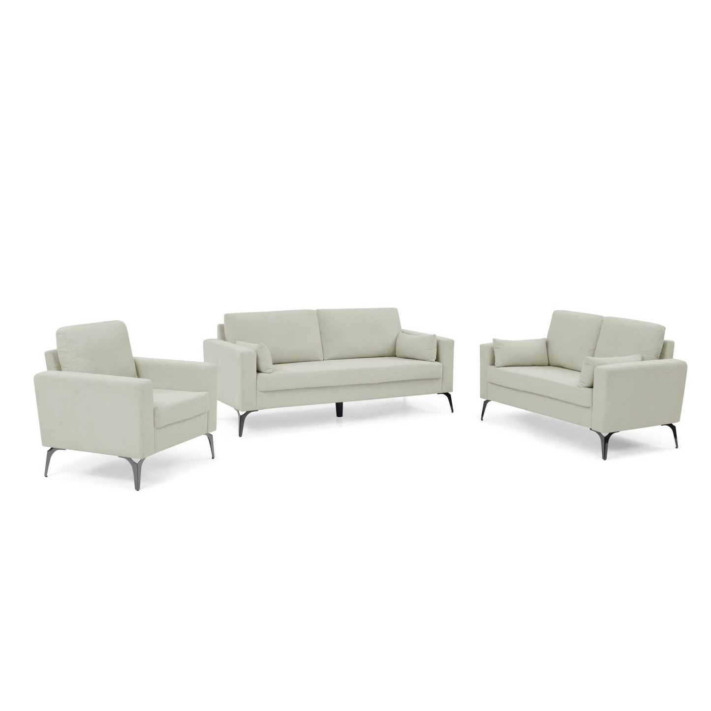 3 Piece Living Room Sofa Set, Corduroy Beige - Modern Minimalist Couch