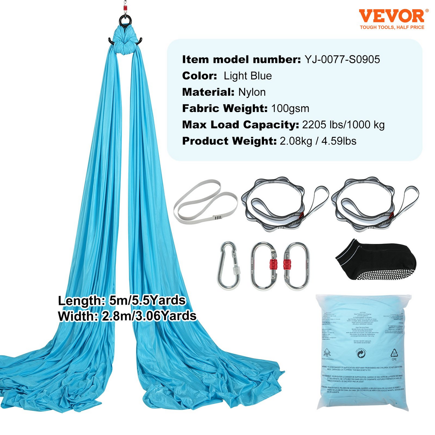 VEVOR Aerial Yoga Hammock & Swing, 5.5 Yards, Aerial Yoga Starter Kit with 100gsm Nylon Fabric, Full Rigging Hardware & Easy Set-up Guide, Antigravity Flying for All Levels Fitness Bodybuilding, Blue