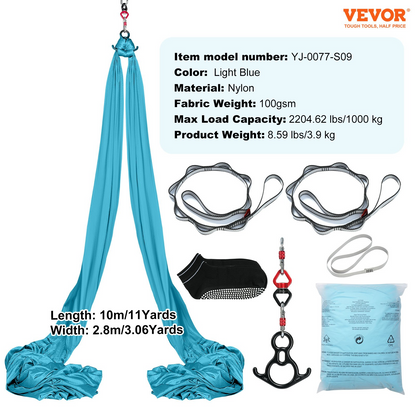 VEVOR Aerial Silk & Yoga Swing, 11 Yards, Aerial Yoga Hammock Kit with 100gsm Nylon Fabric, Full Rigging Hardware & Easy Set-up Guide, Antigravity Flying for All Levels Fitness Bodybuilding, Blue