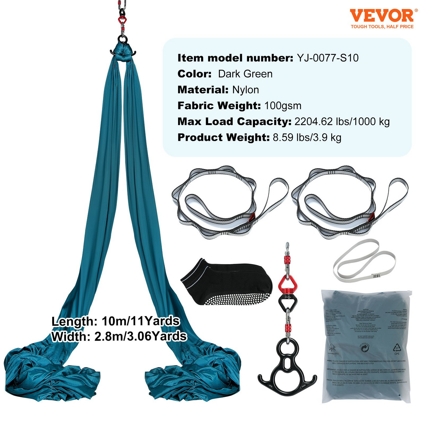 VEVOR Aerial Silk & Yoga Swing, 11 Yards, Aerial Yoga Hammock Kit with 100gsm Nylon Fabric, Full Rigging Hardware & Easy Set-up Guide, Antigravity Flying for All Levels Fitness Bodybuilding, Green