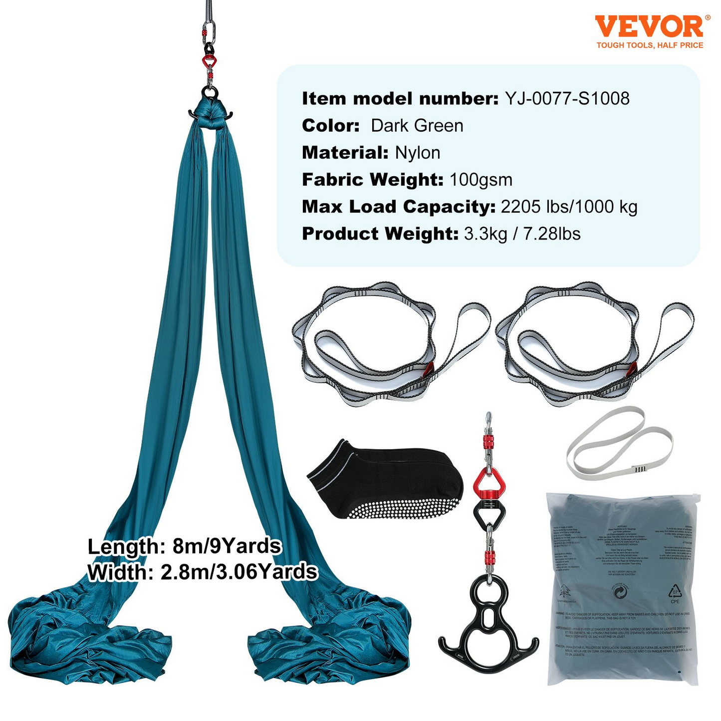 VEVOR Aerial Silk & Yoga Swing, 8.7 Yards, Aerial Yoga Hammock Kit with 100gsm Nylon Fabric, Full Rigging Hardware & Easy Set-up Guide, Antigravity Flying for All Levels Fitness Bodybuilding, Green