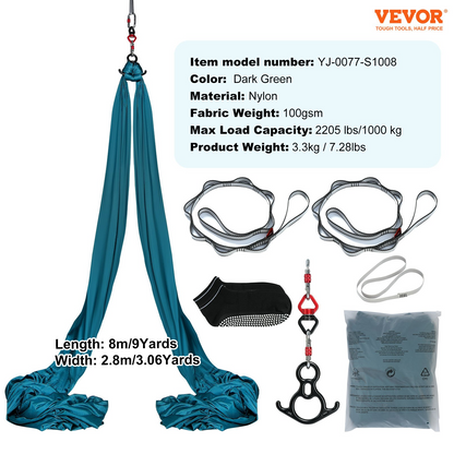 VEVOR Aerial Silk & Yoga Swing, 8.7 Yards, Aerial Yoga Hammock Kit with 100gsm Nylon Fabric, Full Rigging Hardware & Easy Set-up Guide, Antigravity Flying for All Levels Fitness Bodybuilding, Green