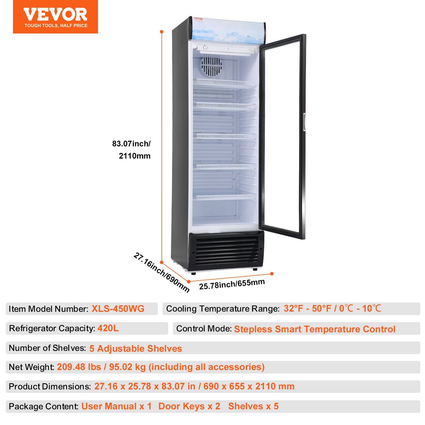 VEVOR Commercial Beverage Refrigerator, 14.8 Cu.Ft, Glass Door, 5 Shelves