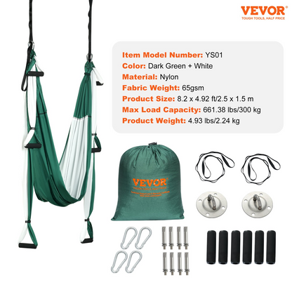 VEVOR Aerial Yoga Swing Set, 2.7 Yards Yoga Hammock Hanging Swing Aerial Sling Inversion Fly Kit Trapeze Inversion Equipment with Ceiling Mount Accessories, Max 661.38 lbs Load Capacity, Green/White