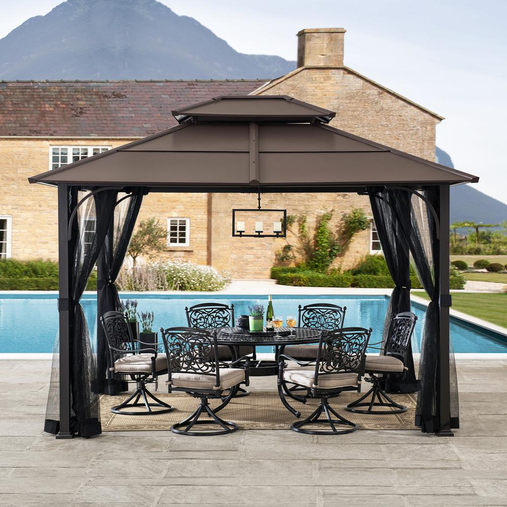 Outdoor Patio Steel Frame 2-Tier Hardtop Roof Gazebo with Ceiling Hook