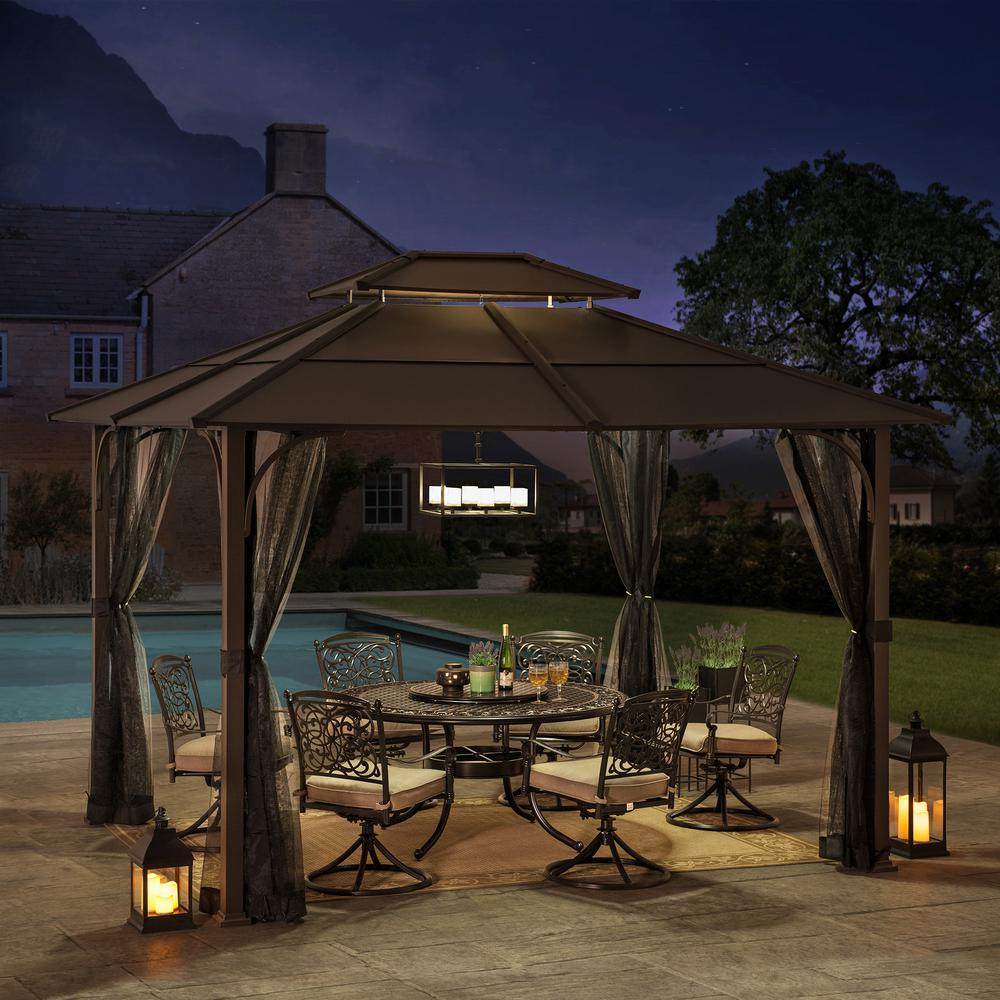 Outdoor Patio Steel Frame 2-Tier Hardtop Roof Gazebo with Ceiling Hook