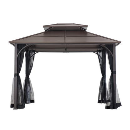 Outdoor Patio Steel Frame 2-Tier Hardtop Roof Gazebo with Ceiling Hook